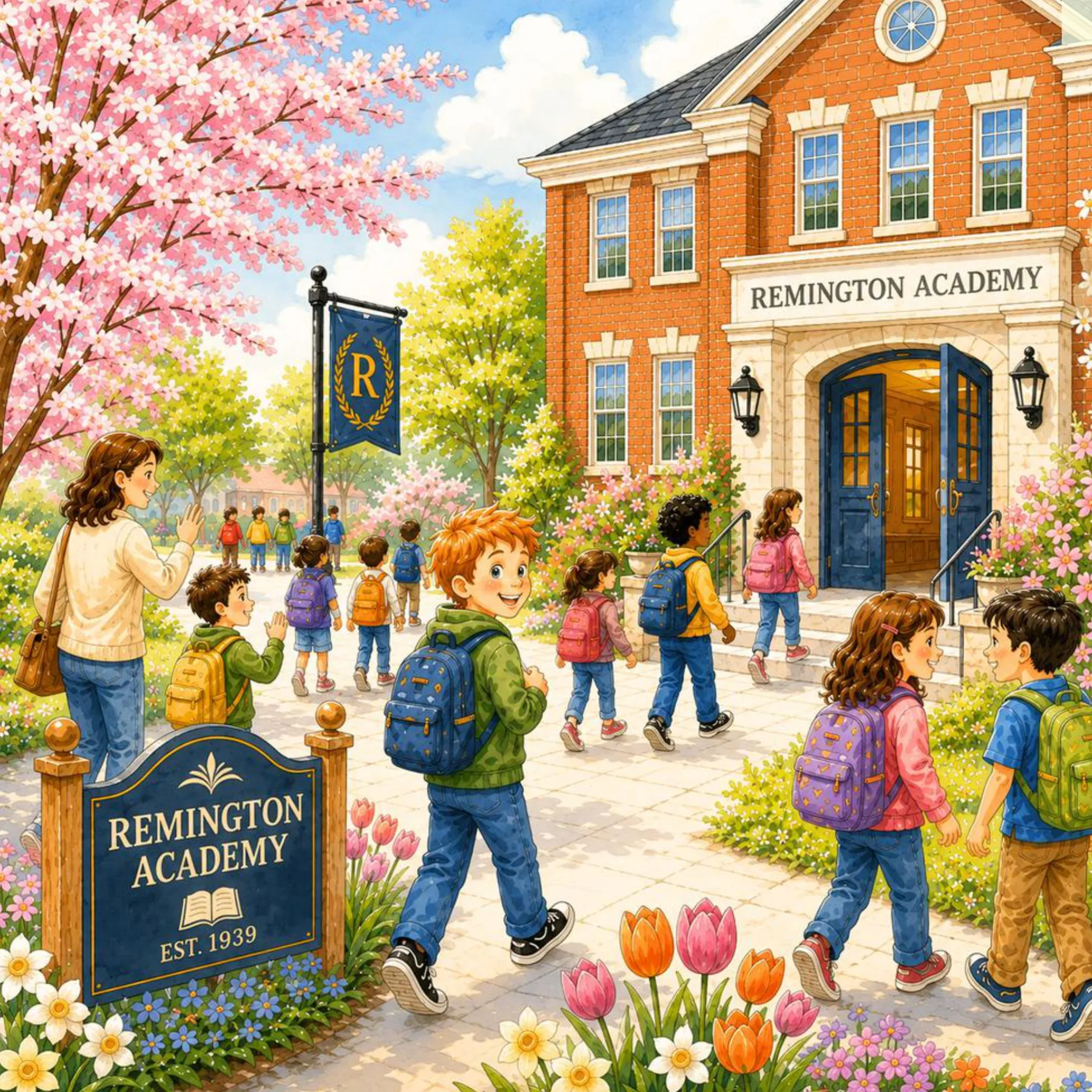 Children arriving at Remington Academy on a spring morning